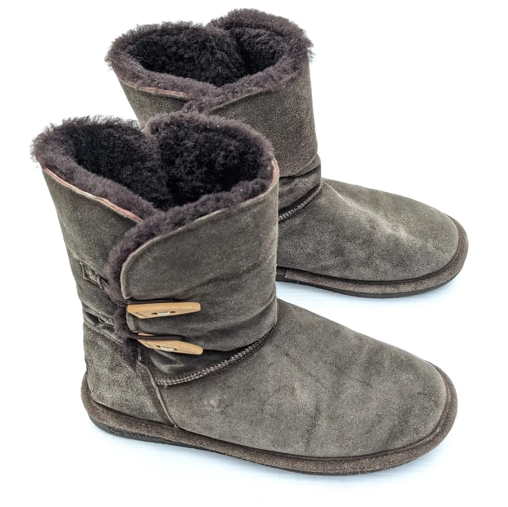 BEARPAW Abigail Brown Suede Leather Sheepskin/Wool Winter Slipper Boots cozy